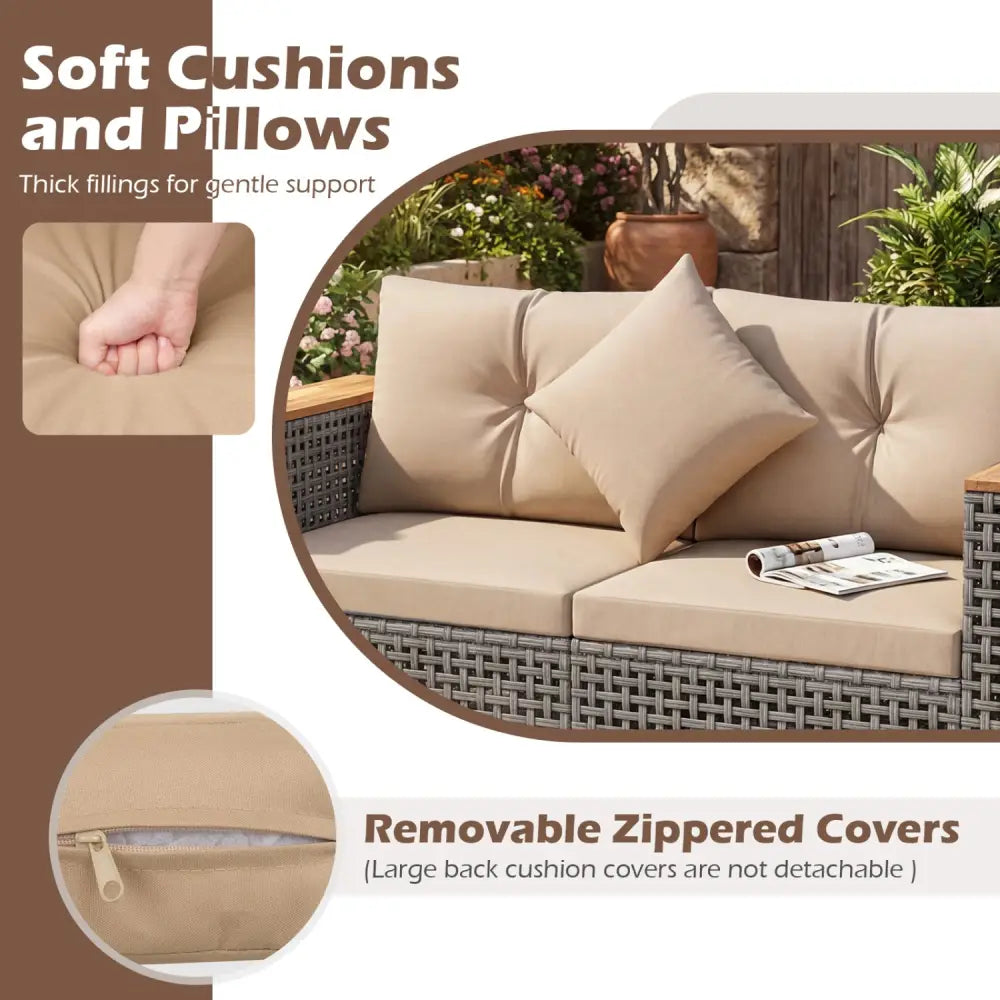 2-Piece Patio Corner Sofa Set with Thick Cushions-Beige - Beige - Outdoor Sectionals