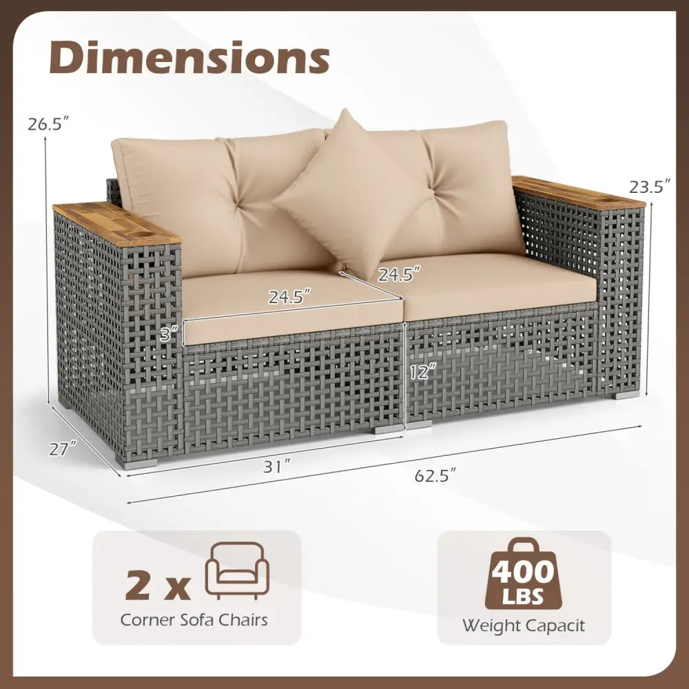 2-Piece Patio Corner Sofa Set with Thick Cushions-Beige - Beige - Outdoor Sectionals