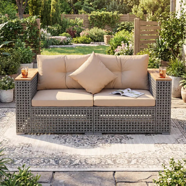 2-Piece Patio Corner Sofa Set with Thick Cushions-Beige - Beige - Outdoor Sectionals
