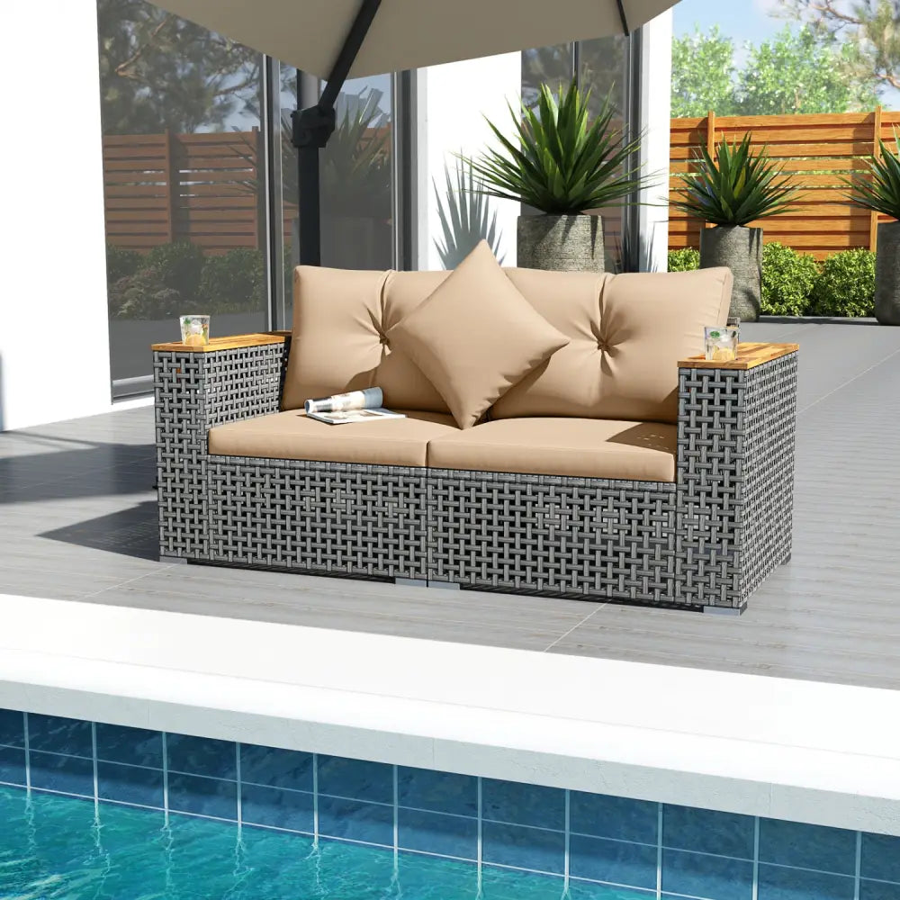 2-Piece Patio Corner Sofa Set with Thick Cushions-Beige - Beige - Outdoor Sectionals