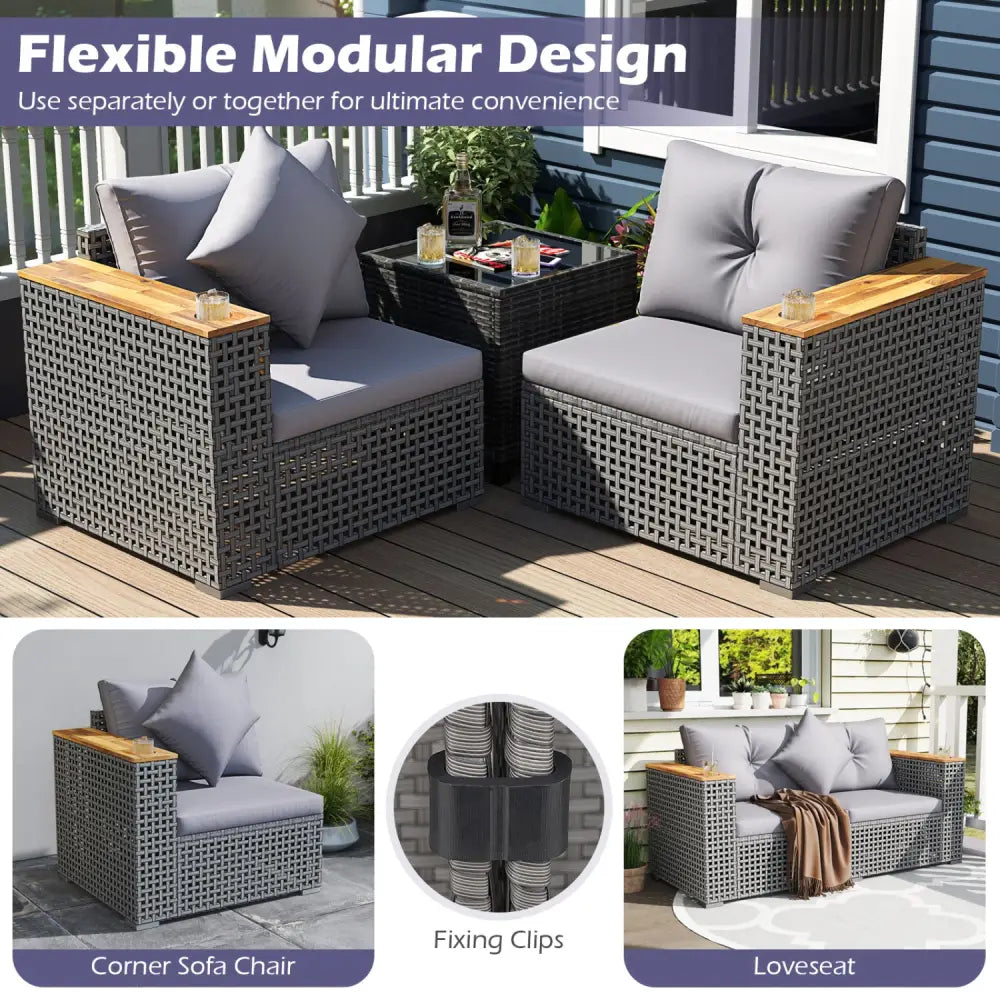2-Piece Patio Corner Sofa Set with Thick Cushions-Gray - Gray - Outdoor Sectionals