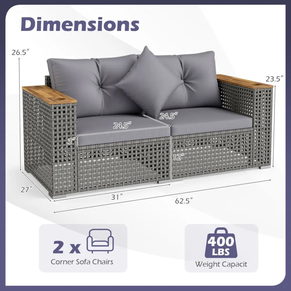 2-Piece Patio Corner Sofa Set with Thick Cushions-Gray - Gray - Outdoor Sectionals