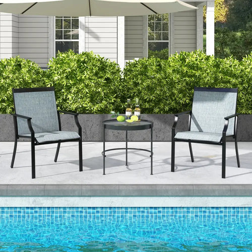 2 Piece Patio Dining Chairs Large Outdoor Chairs with Breathable Seat and Metal Frame-Blue - Blue - Patio Dining Chairs
