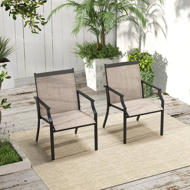 2 Piece Patio Dining Chairs Large Outdoor Chairs with Breathable Seat and Metal Frame-Brown - Brown - Patio Dining