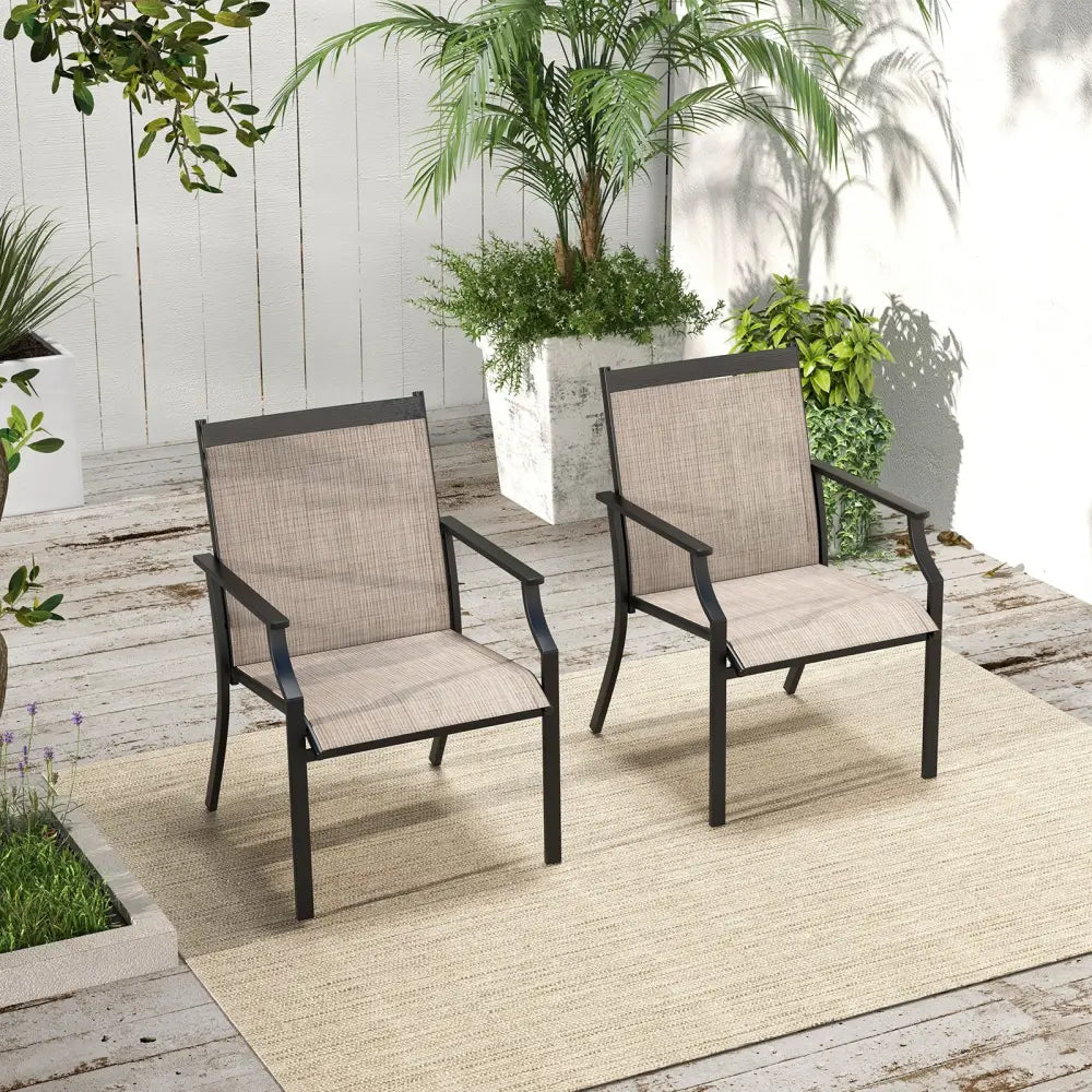 2 Piece Patio Dining Chairs Large Outdoor Chairs with Breathable Seat and Metal Frame-Brown - Brown - Patio Dining