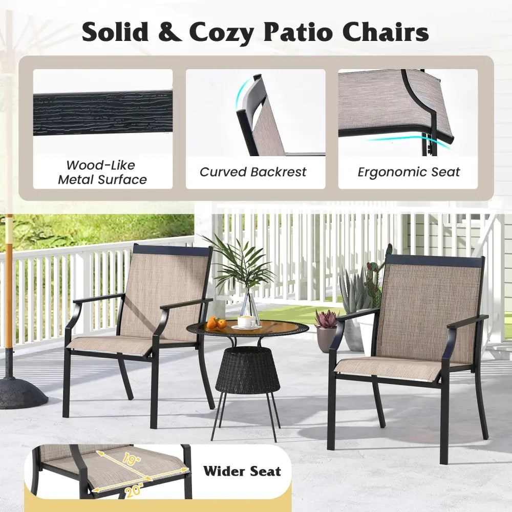 2 Piece Patio Dining Chairs Large Outdoor Chairs with Breathable Seat and Metal Frame-Brown - Brown - Patio Dining