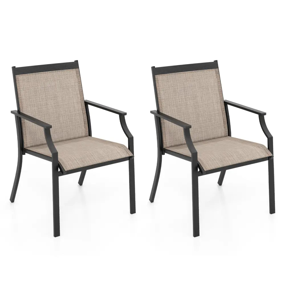 2 Piece Patio Dining Chairs Large Outdoor Chairs with Breathable Seat and Metal Frame-Brown - Brown - Patio Dining