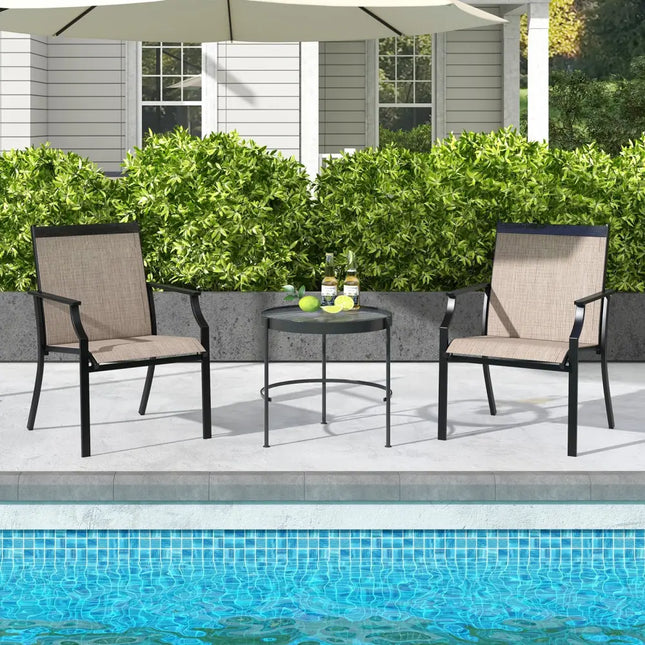 2 Piece Patio Dining Chairs Large Outdoor Chairs with Breathable Seat and Metal Frame-Brown - Brown - Patio Dining