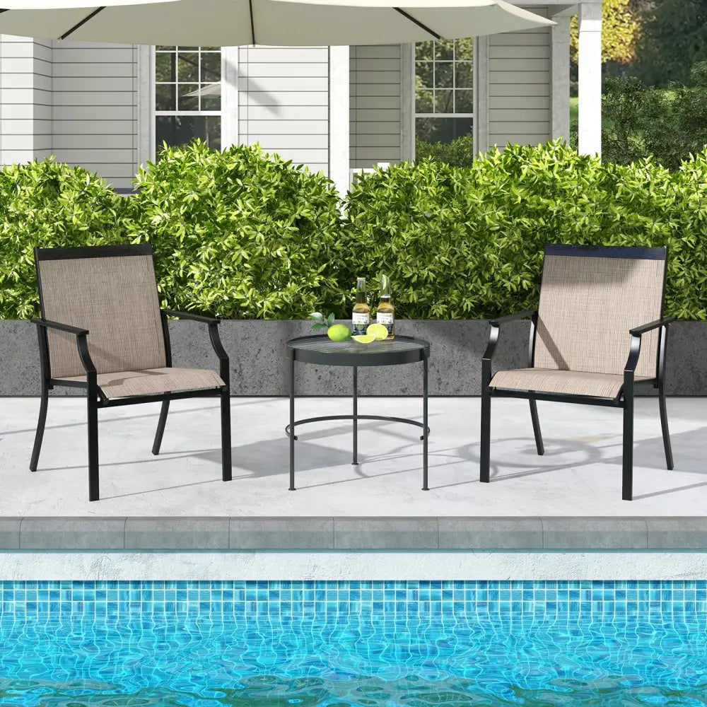 2 Piece Patio Dining Chairs Large Outdoor Chairs with Breathable Seat and Metal Frame-Brown - Brown - Patio Dining