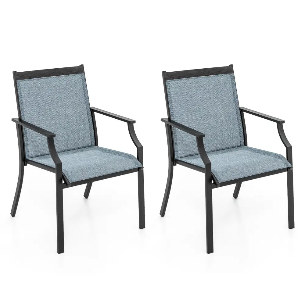 2 Piece Patio Dining Chairs Large Outdoor Chairs with Breathable Seat and Metal Frame-Blue - Blue - Patio Dining Chairs