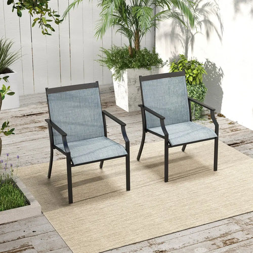 2 Piece Patio Dining Chairs Large Outdoor Chairs with Breathable Seat and Metal Frame-Blue - Blue - Patio Dining Chairs