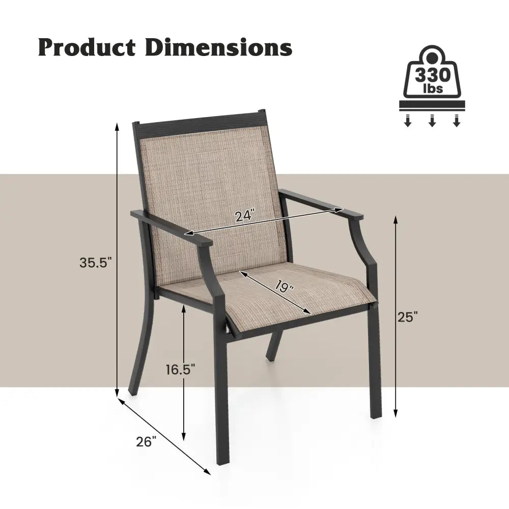 2 Piece Patio Dining Chairs Large Outdoor Chairs with Breathable Seat and Metal Frame-Brown - Brown - Patio Dining