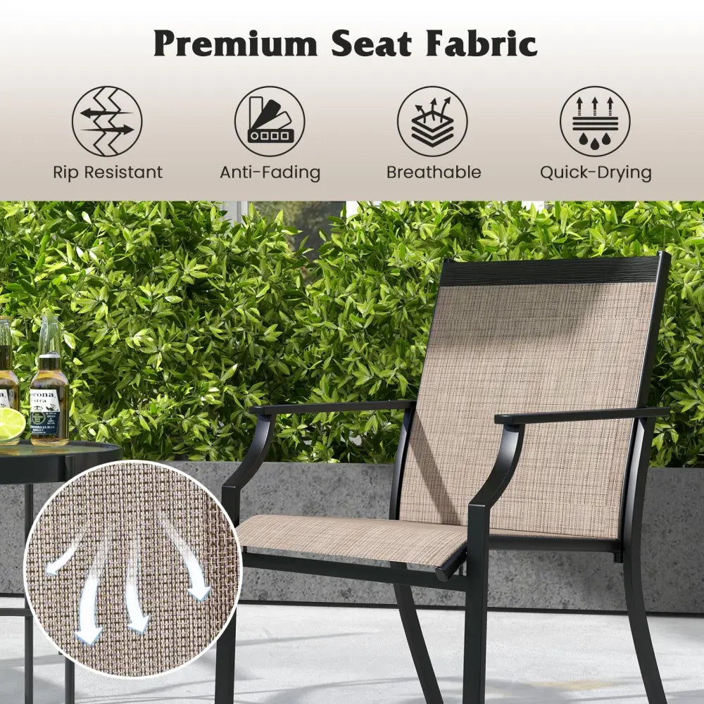 2 Piece Patio Dining Chairs Large Outdoor Chairs with Breathable Seat and Metal Frame-Brown - Brown - Patio Dining