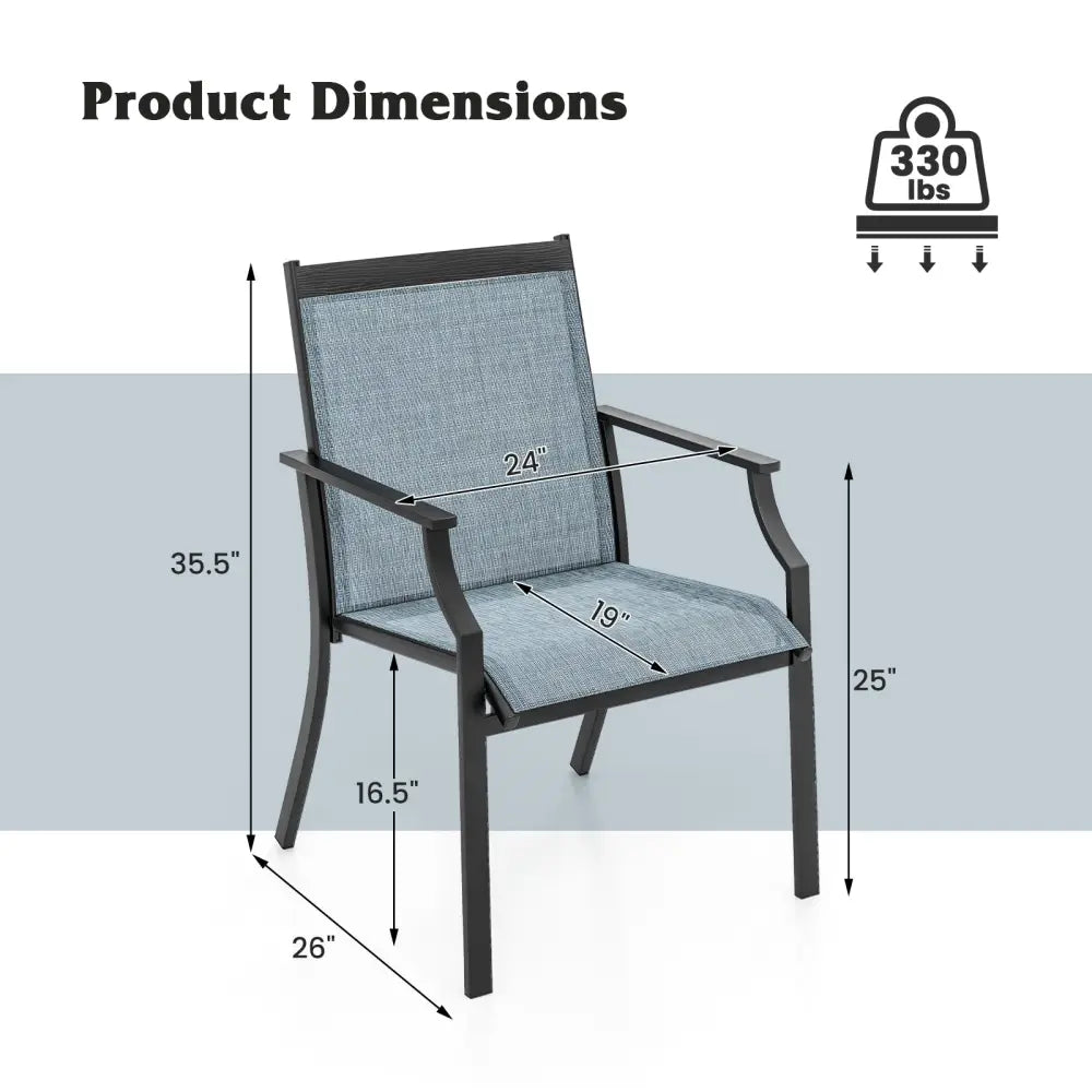 2 Piece Patio Dining Chairs Large Outdoor Chairs with Breathable Seat and Metal Frame-Blue - Blue - Patio Dining Chairs