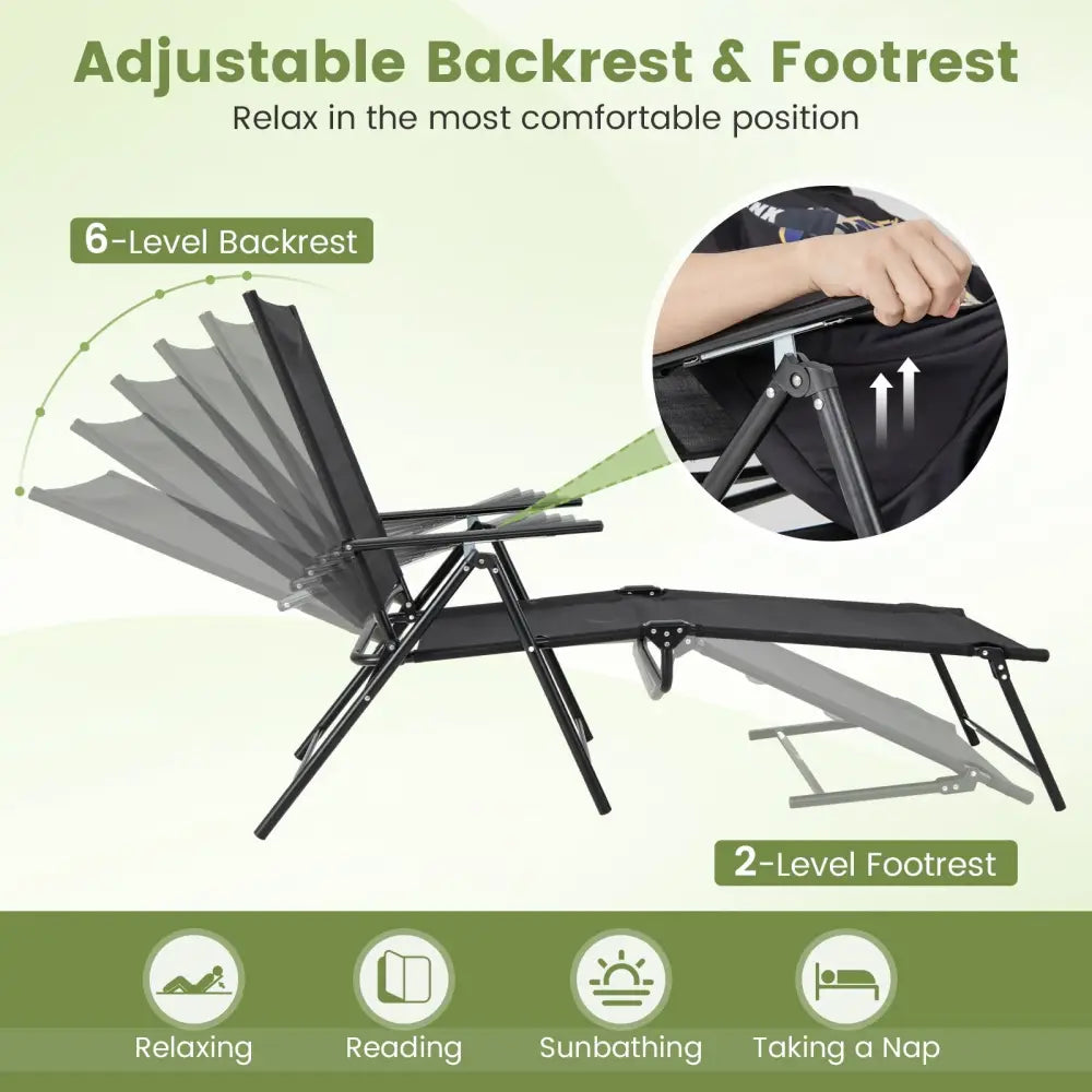 2 Piece Patio Folding Chaise Lounge Chairs Recliner with 6-Level Backrest-Black - Black - Outdoor Chaise Lounges
