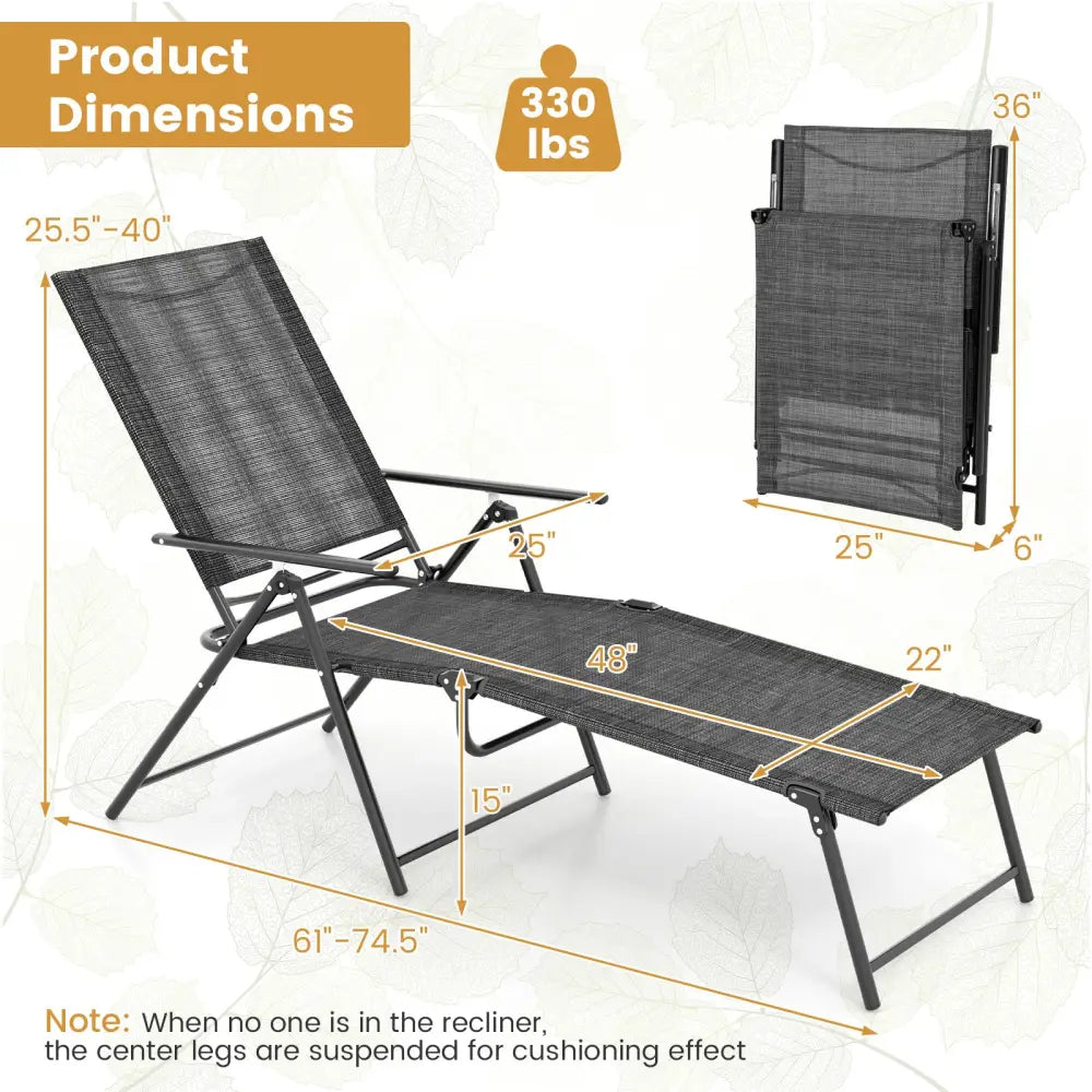 2 Piece Patio Folding Chaise Lounge Chairs Recliner with 6-Level Backrest-Gray - Gray - Outdoor Chaise Lounges