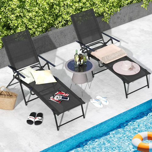 2 Piece Patio Folding Chaise Lounge Chairs Recliner with 6-Level Backrest-Black - Black - Outdoor Chaise Lounges