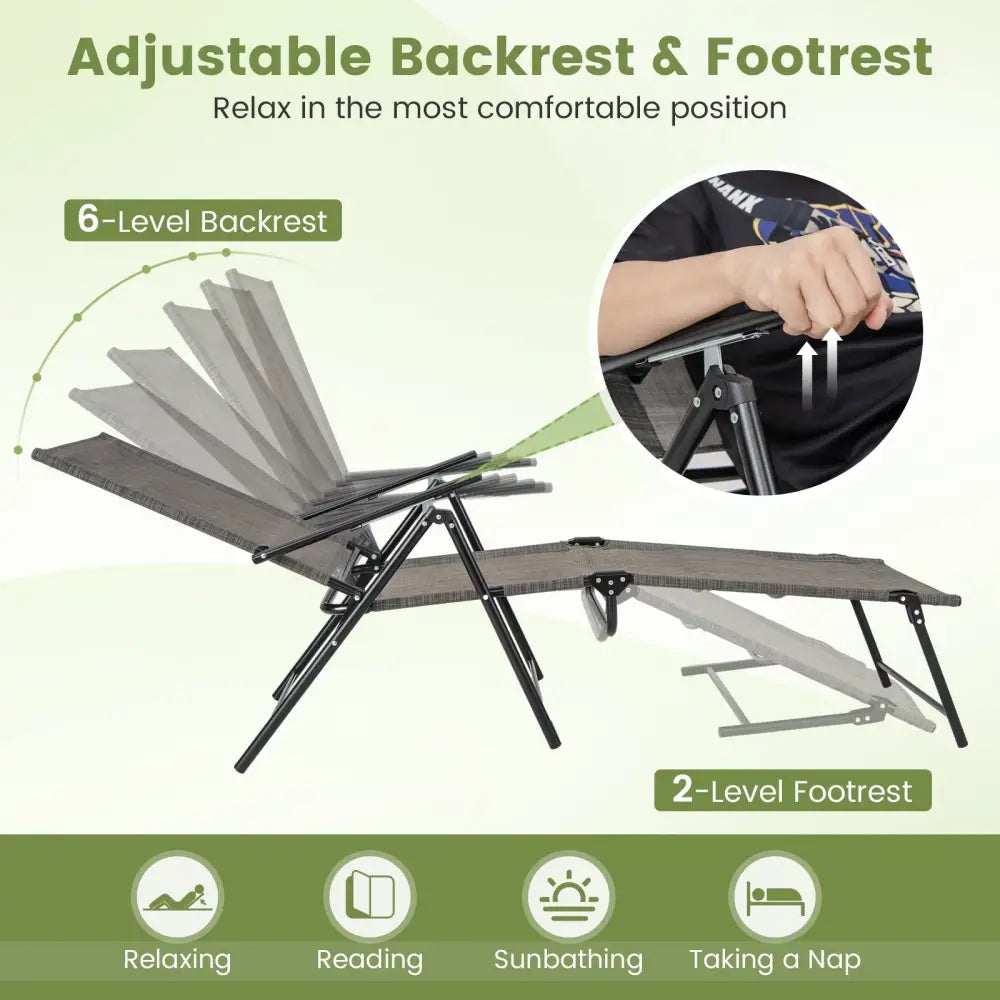 2 Piece Patio Folding Chaise Lounge Chairs Recliner with 6-Level Backrest-Coffee - Coffee - Outdoor Chaise Lounges