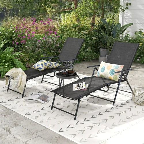 2 Piece Patio Folding Chaise Lounge Chairs Recliner with 6-Level Backrest-Black - Black - Outdoor Chaise Lounges