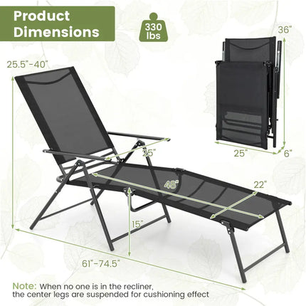 2 Piece Patio Folding Chaise Lounge Chairs Recliner with 6-Level Backrest-Black - Black - Outdoor Chaise Lounges