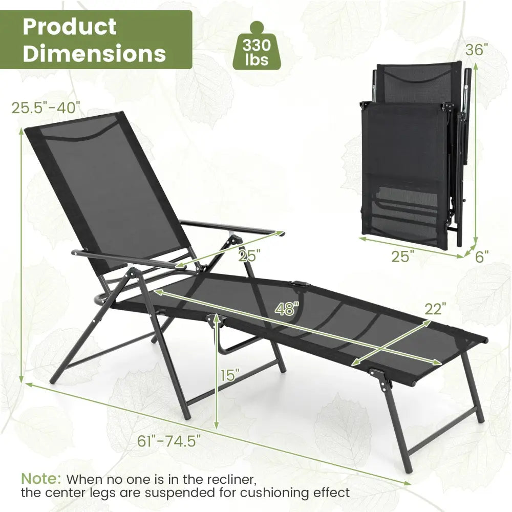 2 Piece Patio Folding Chaise Lounge Chairs Recliner with 6-Level Backrest-Black - Black - Outdoor Chaise Lounges