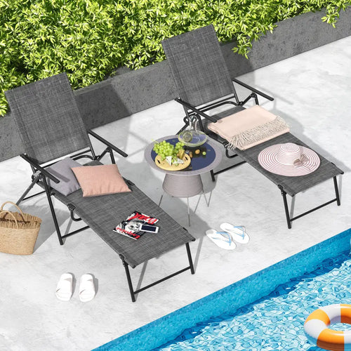 2 Piece Patio Folding Chaise Lounge Chairs Recliner with 6-Level Backrest-Gray - Gray - Outdoor Chaise Lounges
