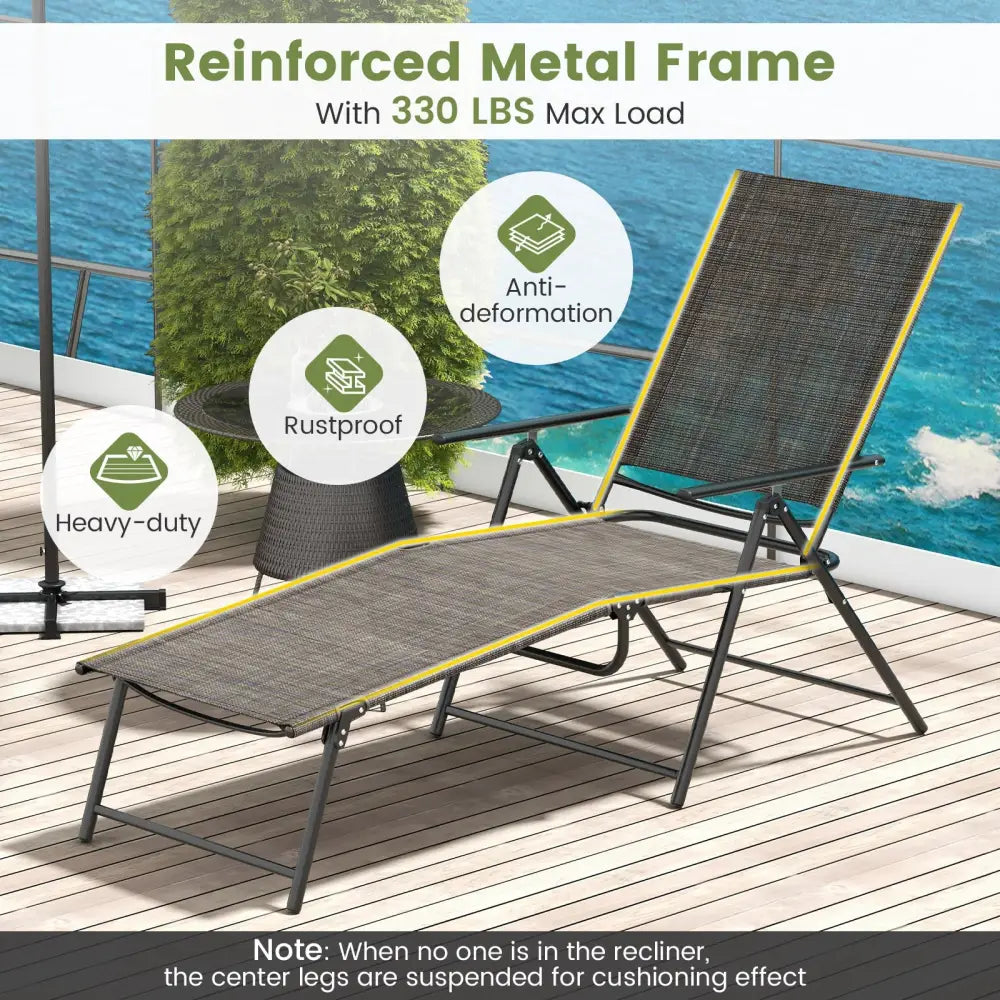 2 Piece Patio Folding Chaise Lounge Chairs Recliner with 6-Level Backrest-Coffee - Coffee - Outdoor Chaise Lounges