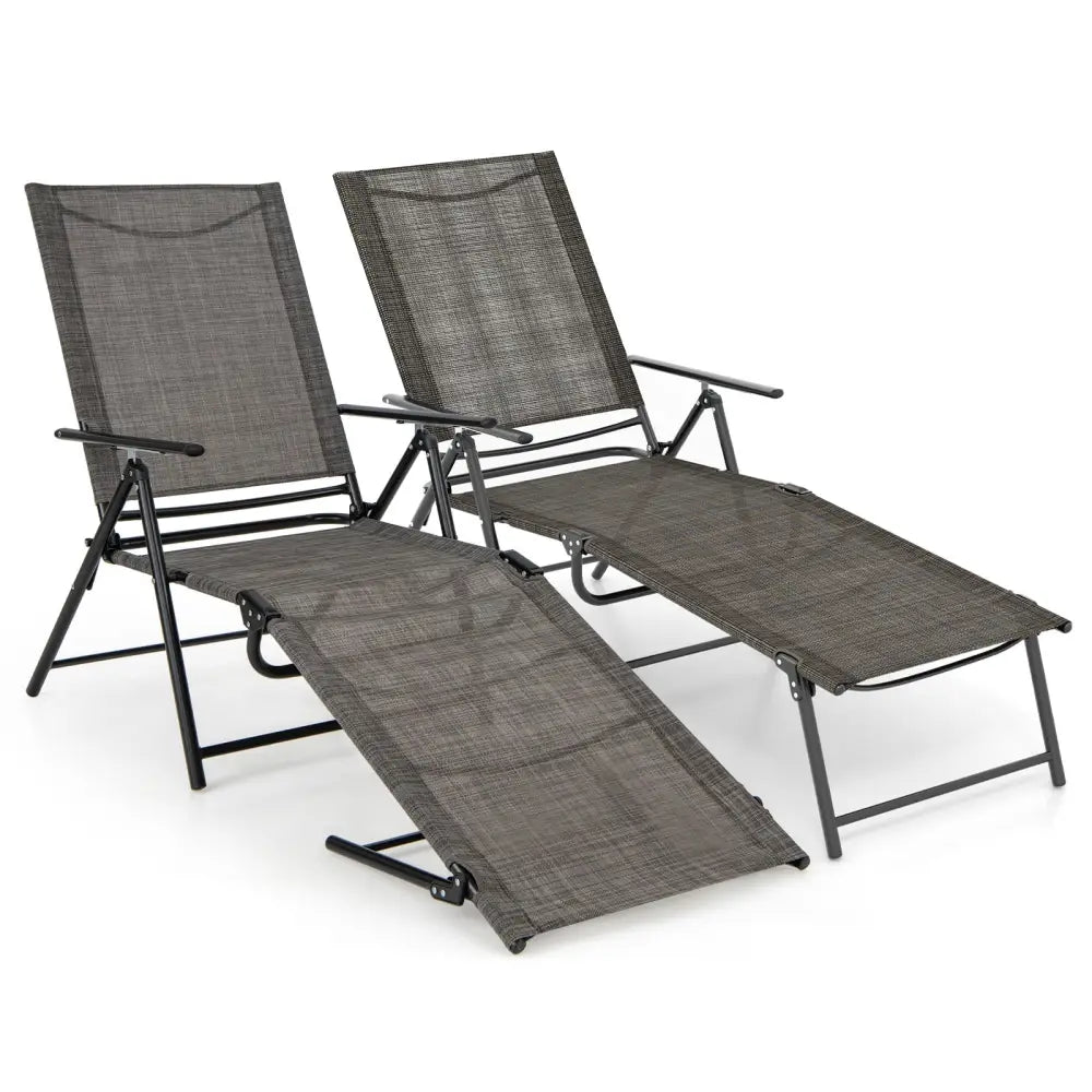 2 Piece Patio Folding Chaise Lounge Chairs Recliner with 6-Level Backrest-Coffee - Coffee - Outdoor Chaise Lounges