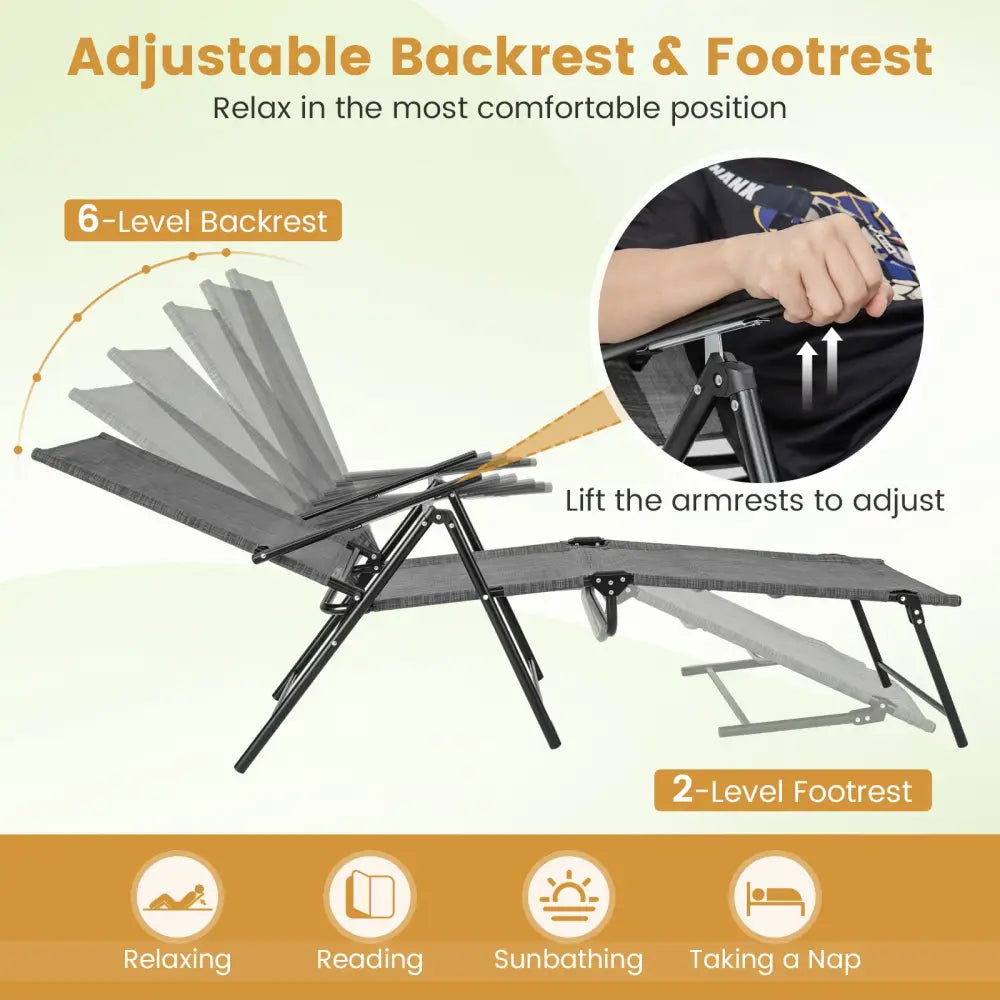 2 Piece Patio Folding Chaise Lounge Chairs Recliner with 6-Level Backrest-Gray - Gray - Outdoor Chaise Lounges