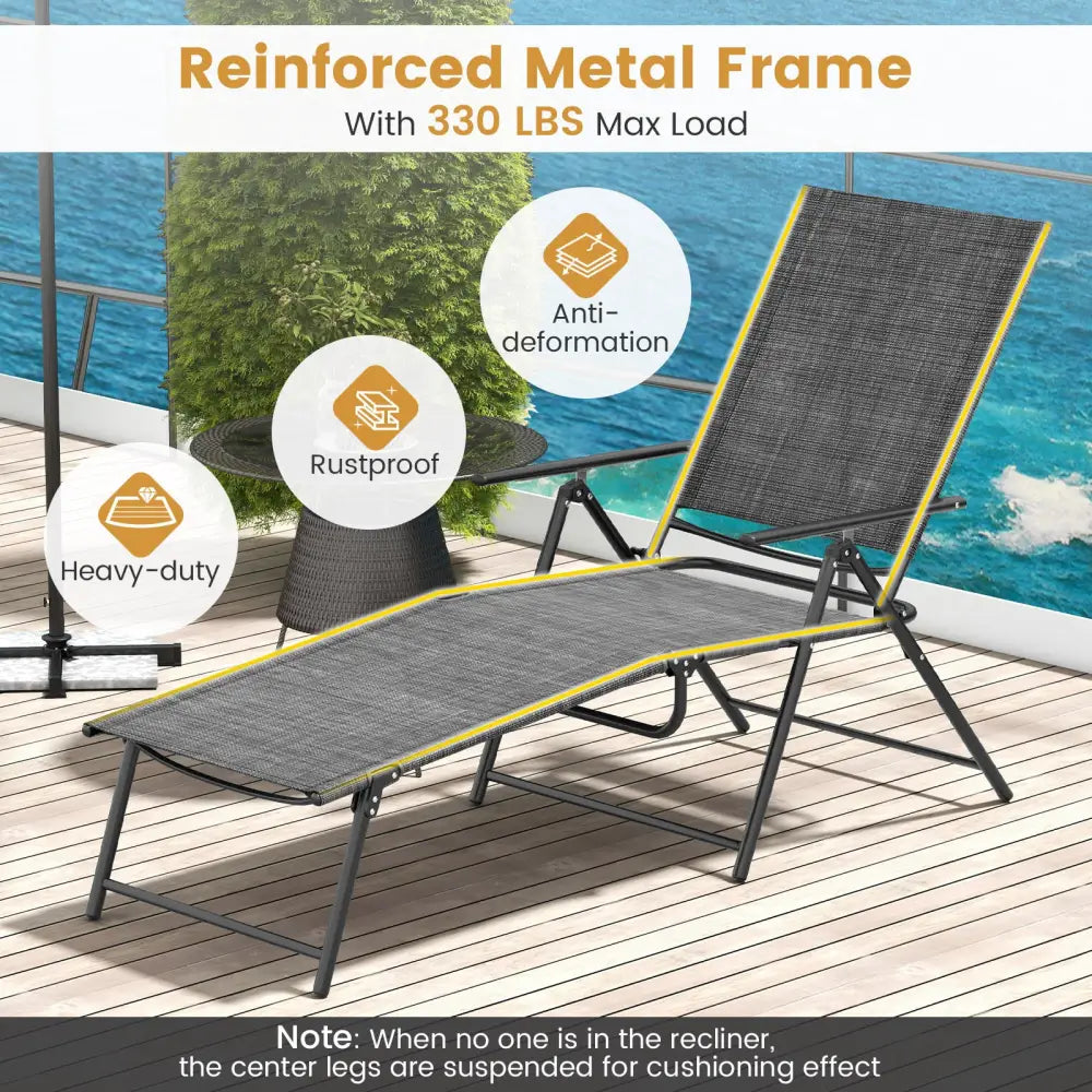 2 Piece Patio Folding Chaise Lounge Chairs Recliner with 6-Level Backrest-Gray - Gray - Outdoor Chaise Lounges