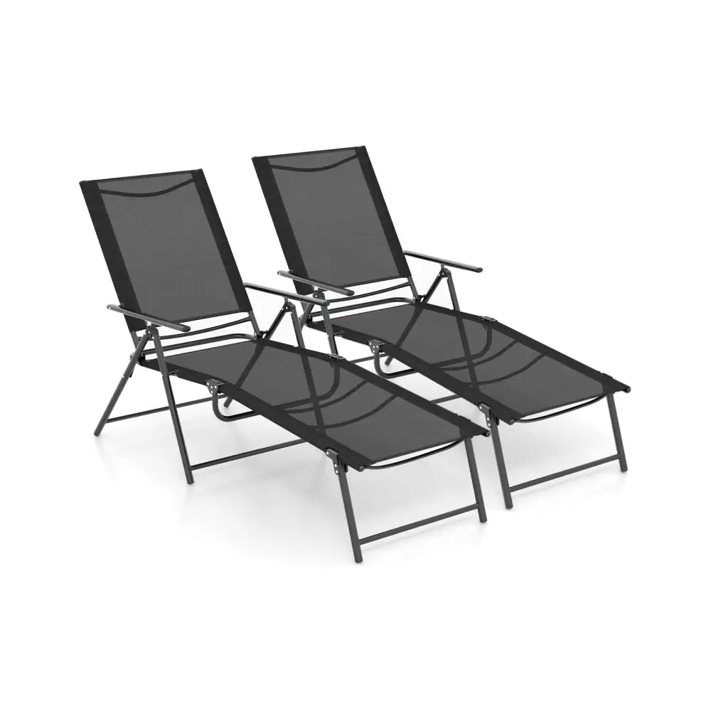 2 Piece Patio Folding Chaise Lounge Chairs Recliner with 6-Level Backrest-Black - Black - Outdoor Chaise Lounges