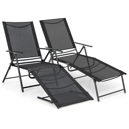 2 Piece Patio Folding Chaise Lounge Chairs Recliner with 6-Level Backrest-Black - Black - Outdoor Chaise Lounges