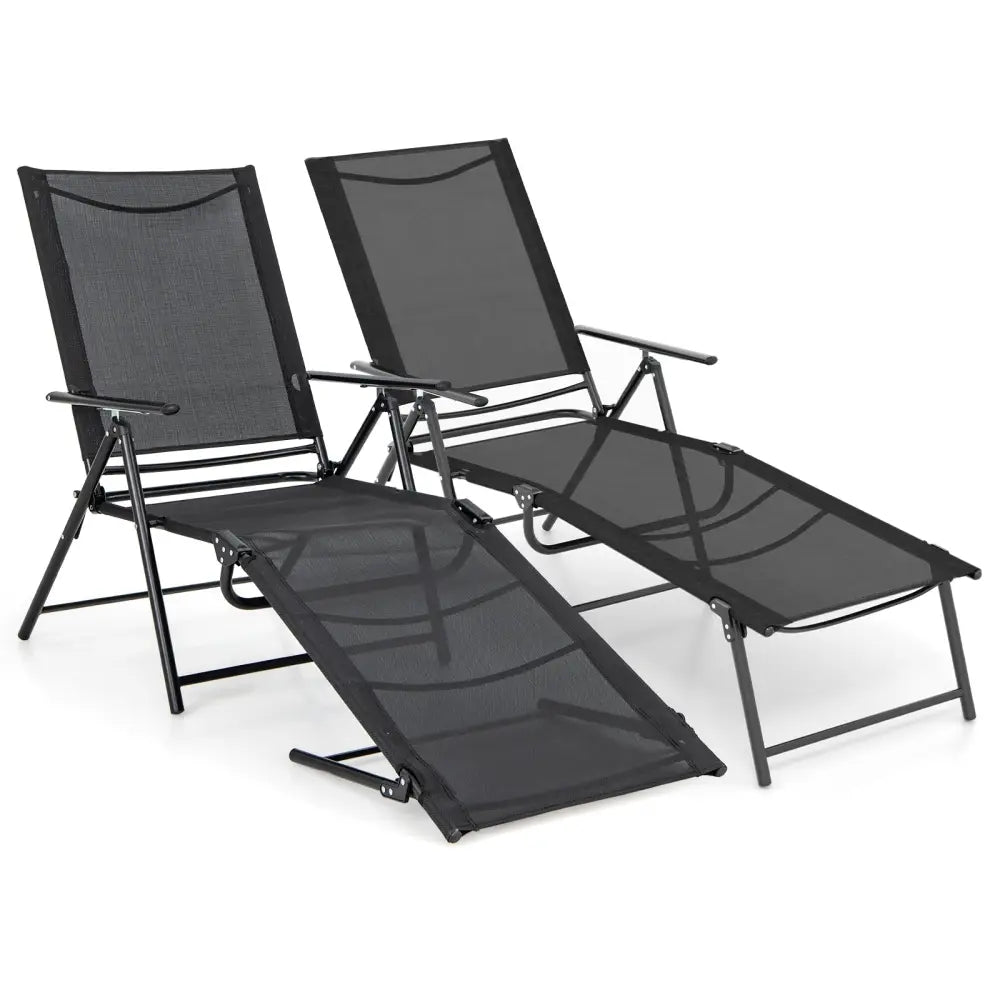 2 Piece Patio Folding Chaise Lounge Chairs Recliner with 6-Level Backrest-Black - Black - Outdoor Chaise Lounges