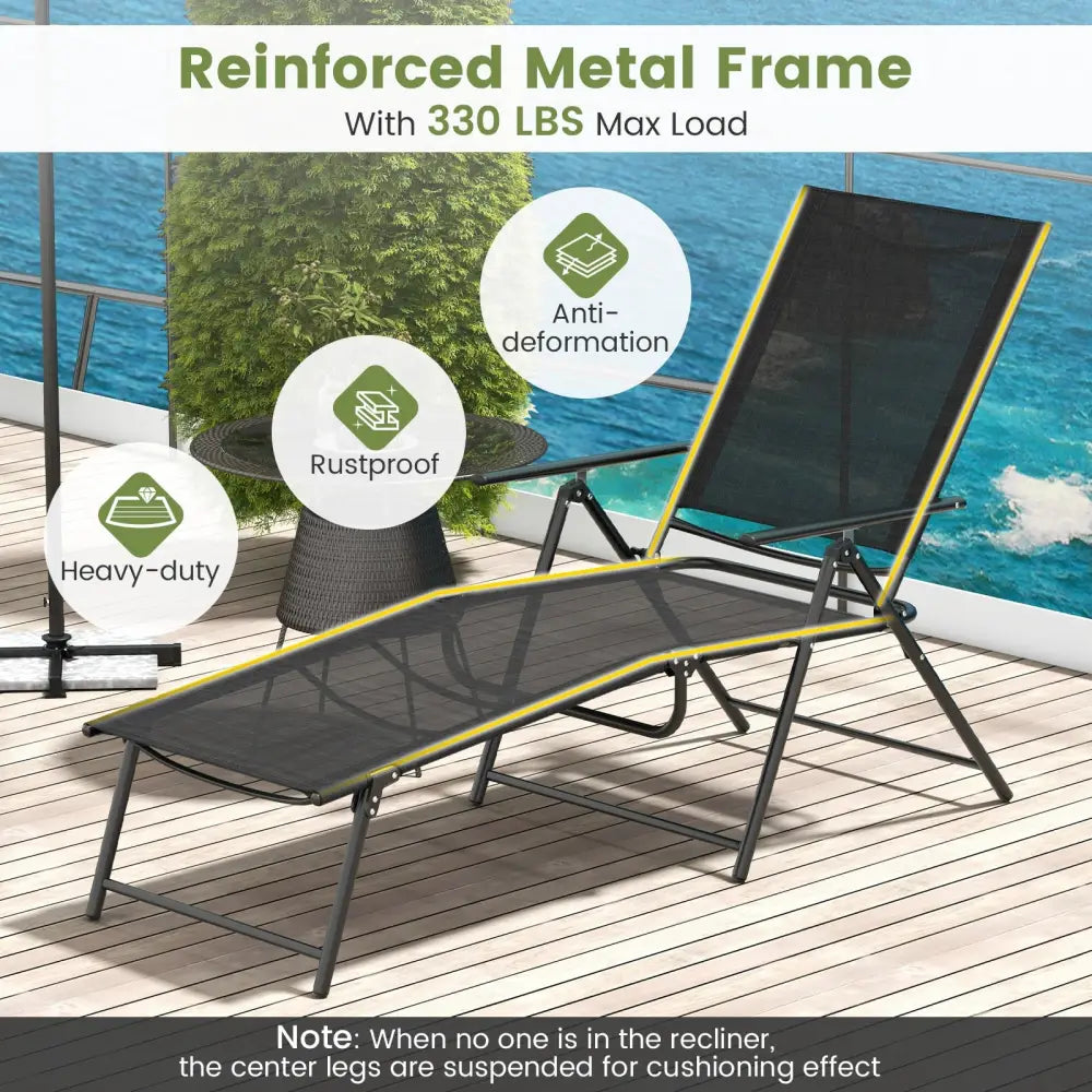 2 Piece Patio Folding Chaise Lounge Chairs Recliner with 6-Level Backrest-Black - Black - Outdoor Chaise Lounges
