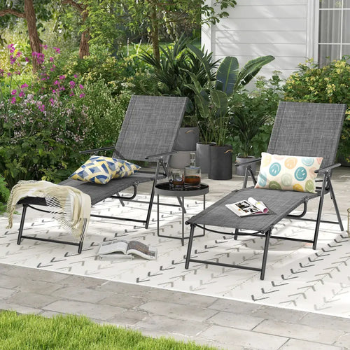 2 Piece Patio Folding Chaise Lounge Chairs Recliner with 6-Level Backrest-Gray - Gray - Outdoor Chaise Lounges