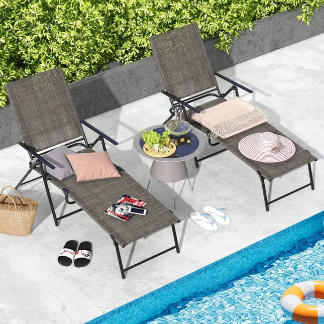 2 Piece Patio Folding Chaise Lounge Chairs Recliner with 6-Level Backrest-Coffee - Coffee - Outdoor Chaise Lounges