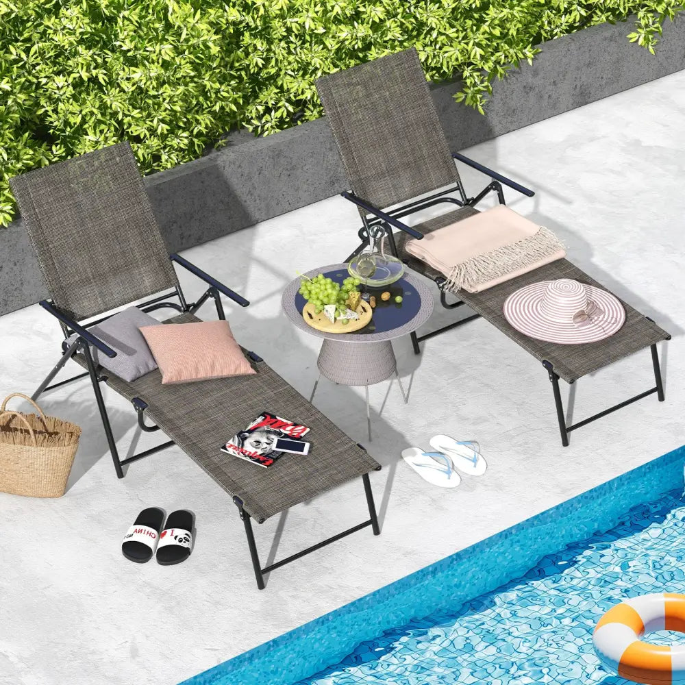 2 Piece Patio Folding Chaise Lounge Chairs Recliner with 6-Level Backrest-Coffee - Coffee - Outdoor Chaise Lounges