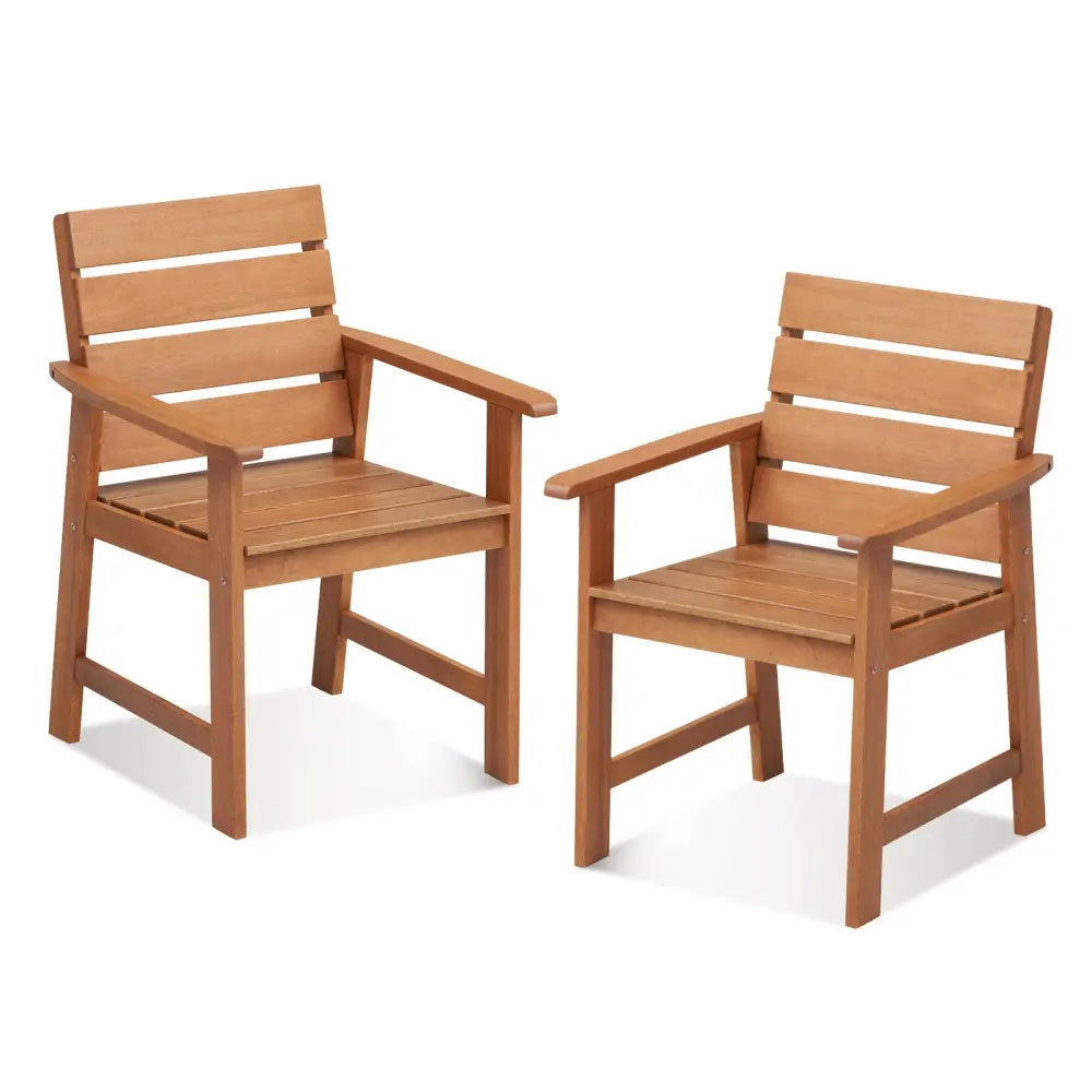 2 Piece Patio Hardwood Chair with Slatted Seat and Inclined Backrest - Natural - Patio Dining Chairs