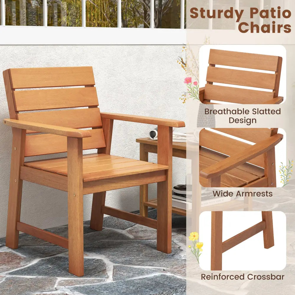 2 Piece Patio Hardwood Chair with Slatted Seat and Inclined Backrest - Natural - Patio Dining Chairs