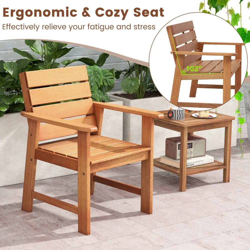2 Piece Patio Hardwood Chair with Slatted Seat and Inclined Backrest - Natural - Patio Dining Chairs