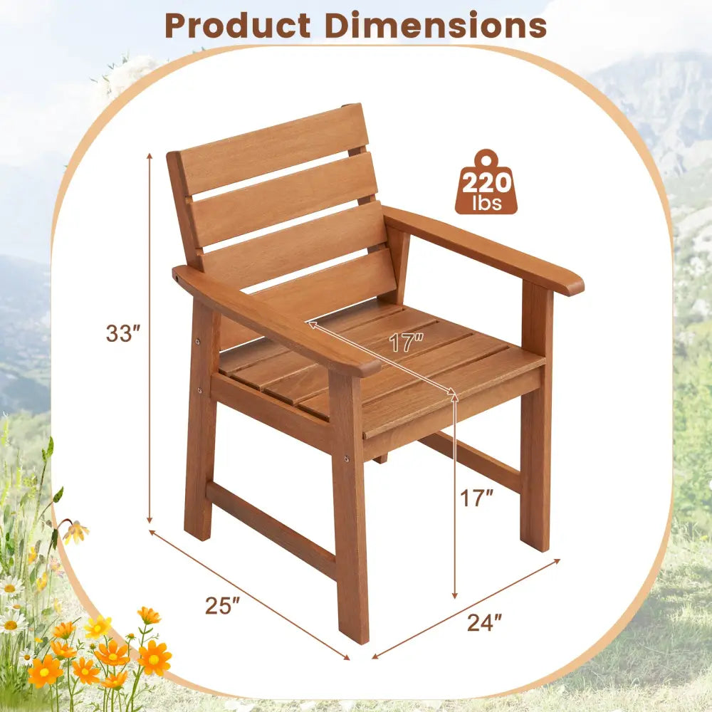 2 Piece Patio Hardwood Chair with Slatted Seat and Inclined Backrest - Natural - Patio Dining Chairs