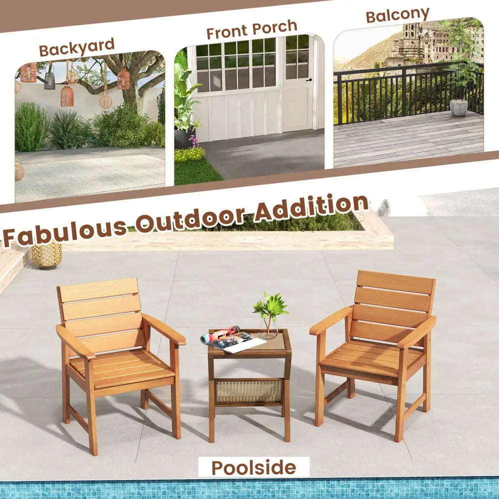2 Piece Patio Hardwood Chair with Slatted Seat and Inclined Backrest - Natural - Patio Dining Chairs
