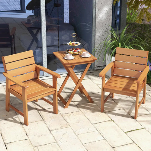 2 Piece Patio Hardwood Chair with Slatted Seat and Inclined Backrest - Natural - Patio Dining Chairs