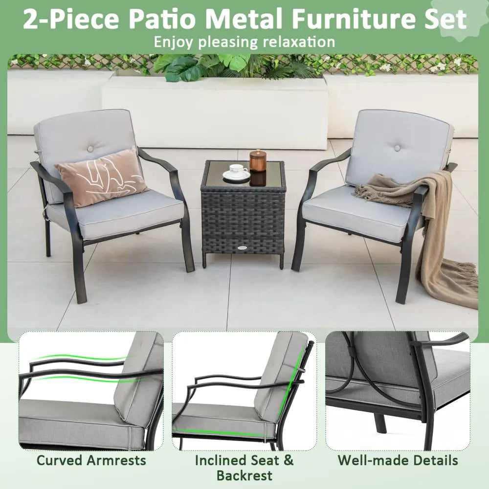 2 Piece Patio Metal Chairs with Seat and Back Cushions - Gray - Patio Dining Chairs