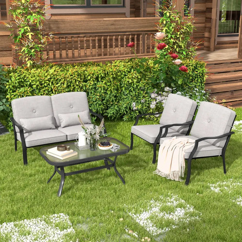 2 Piece Patio Metal Chairs with Seat and Back Cushions - Gray - Patio Dining Chairs