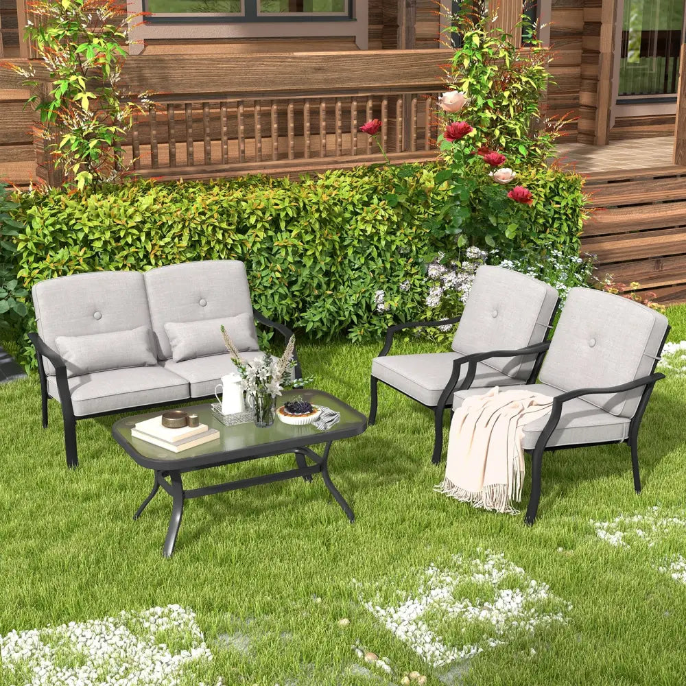 2 Piece Patio Metal Chairs with Seat and Back Cushions - Gray - Patio Dining Chairs