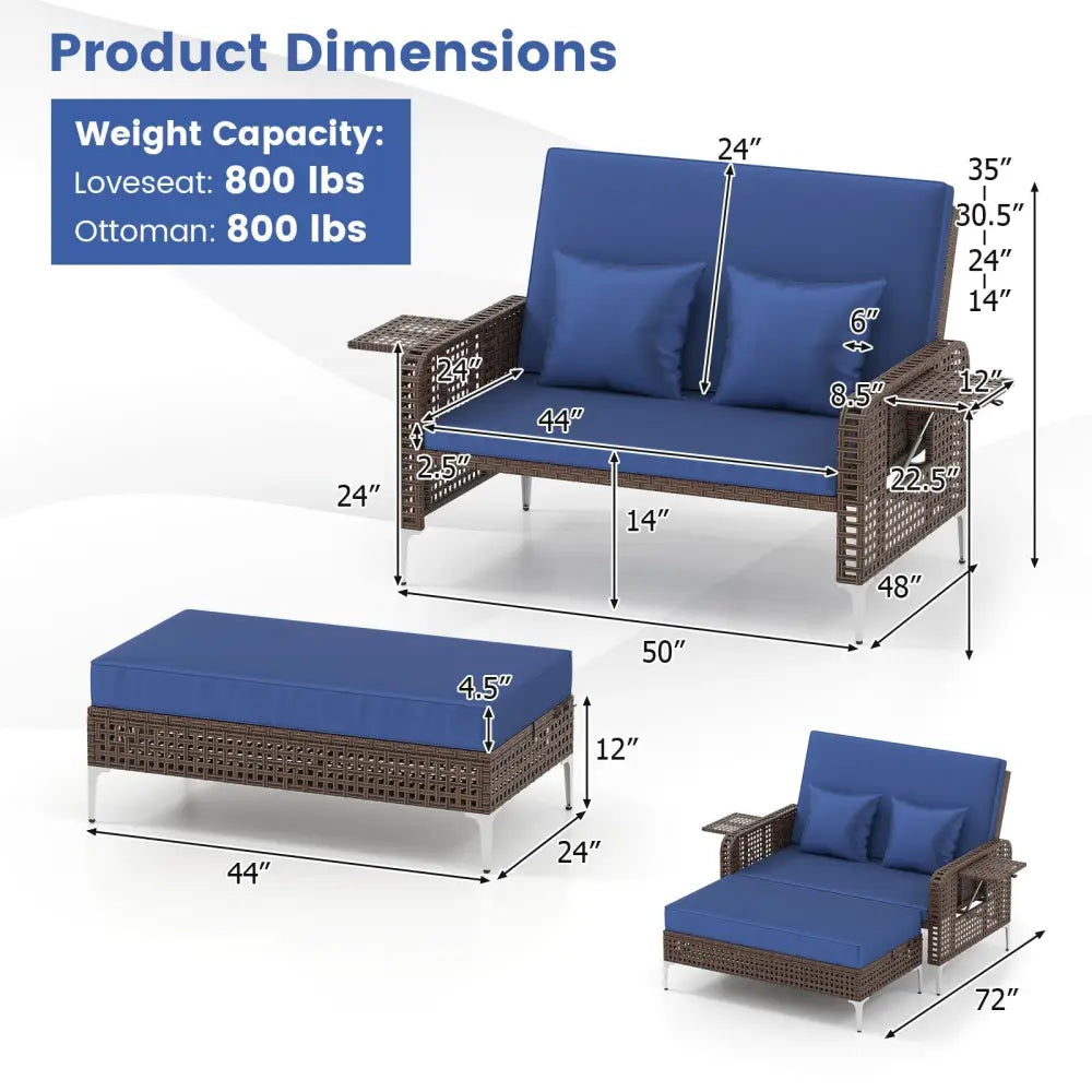 2 Piece Patio Rattan Daybed Wicker Loveseat and Ottoman with Adjustable Backrest-Navy - Navy - Outdoor Sectionals