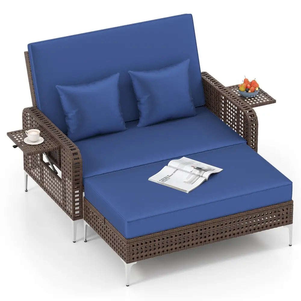 2 Piece Patio Rattan Daybed Wicker Loveseat and Ottoman with Adjustable Backrest-Navy - Navy - Outdoor Sectionals