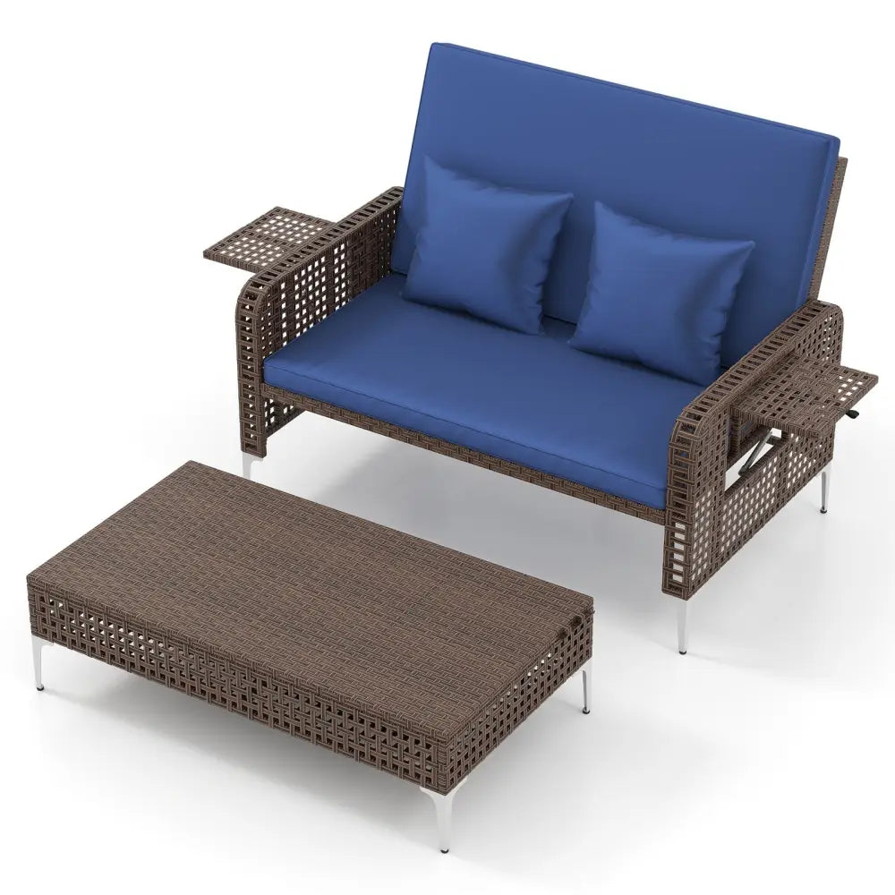 2 Piece Patio Rattan Daybed Wicker Loveseat and Ottoman with Adjustable Backrest-Navy - Navy - Outdoor Sectionals
