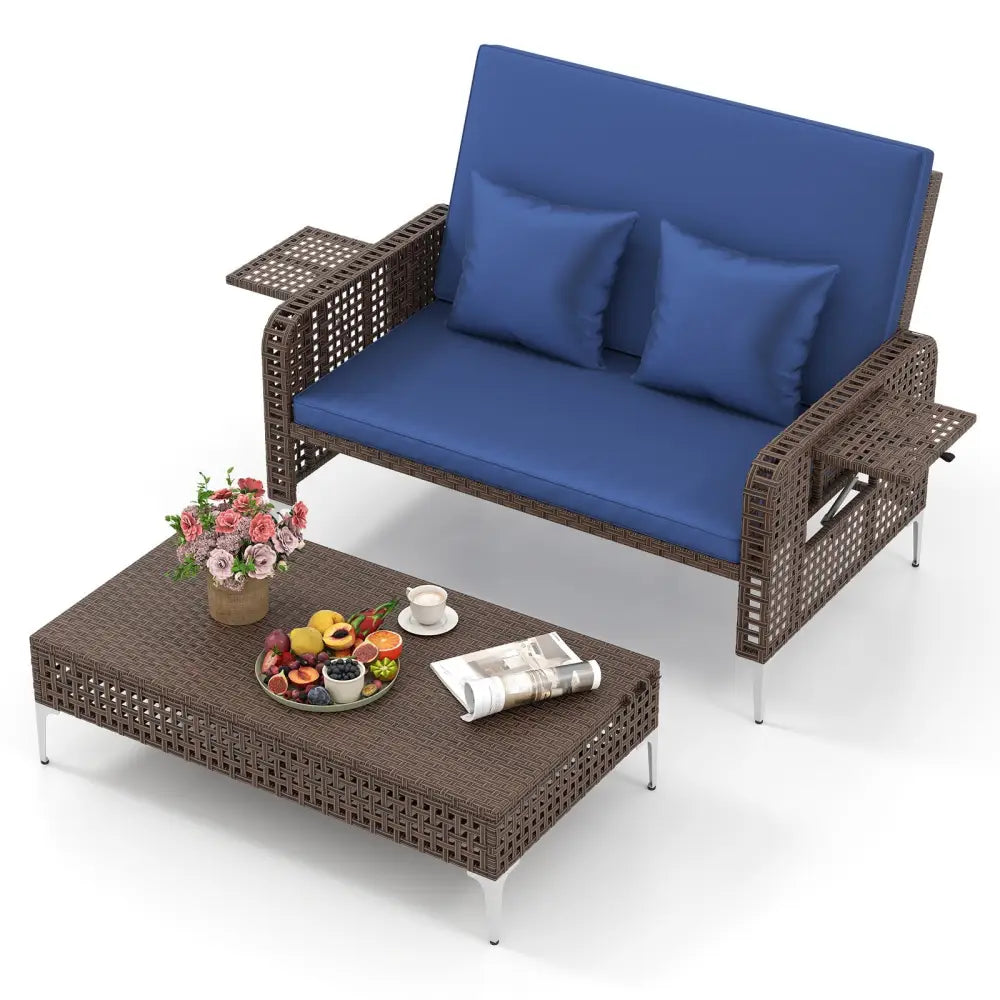 2 Piece Patio Rattan Daybed Wicker Loveseat and Ottoman with Adjustable Backrest-Navy - Navy - Outdoor Sectionals